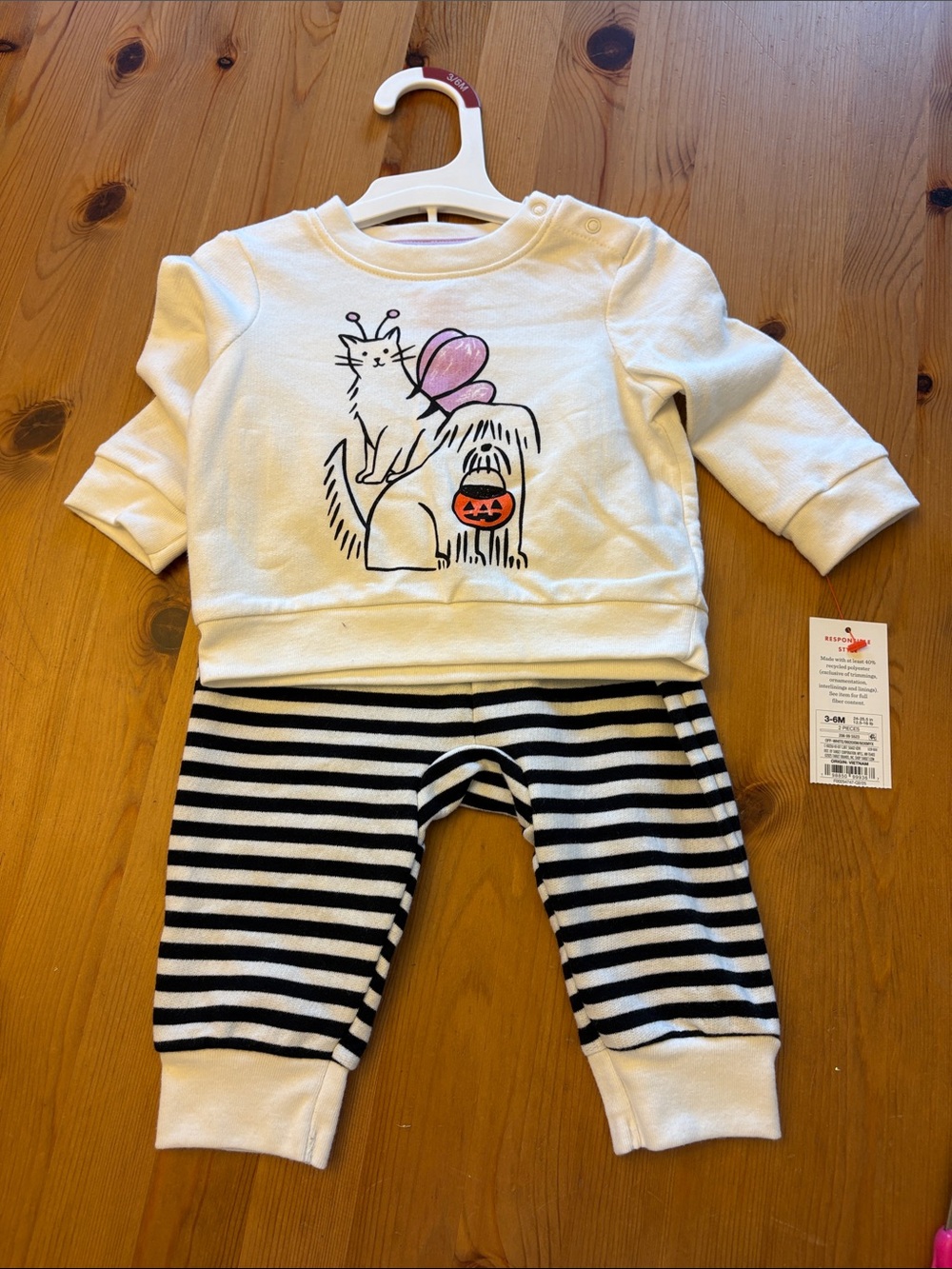 Cream Cat Graphic Baby Set with Black Striped Pants